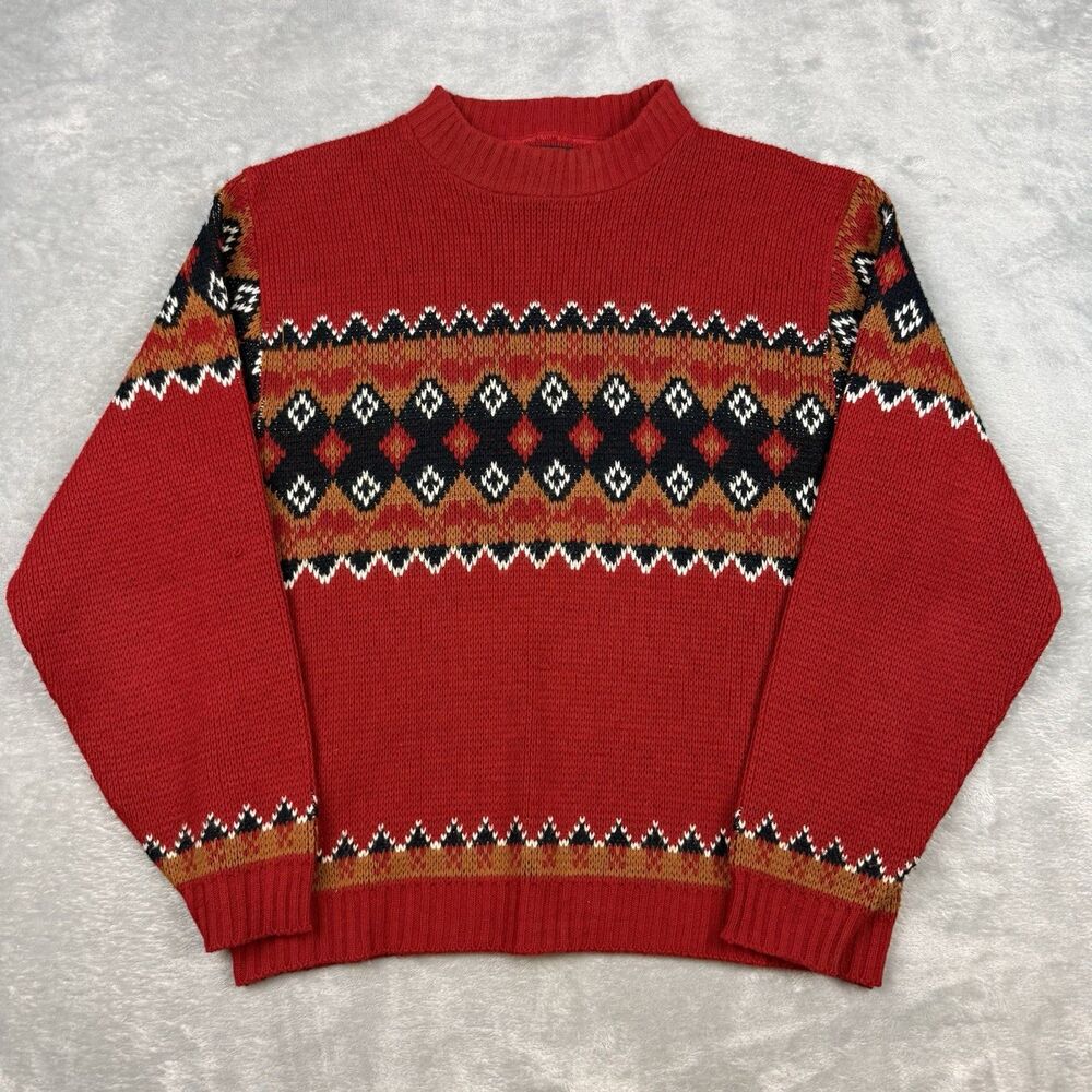 Vintage 70s Puritan Men’s Medium Red Fair Isle Sweater Geometric Acrylic Knit